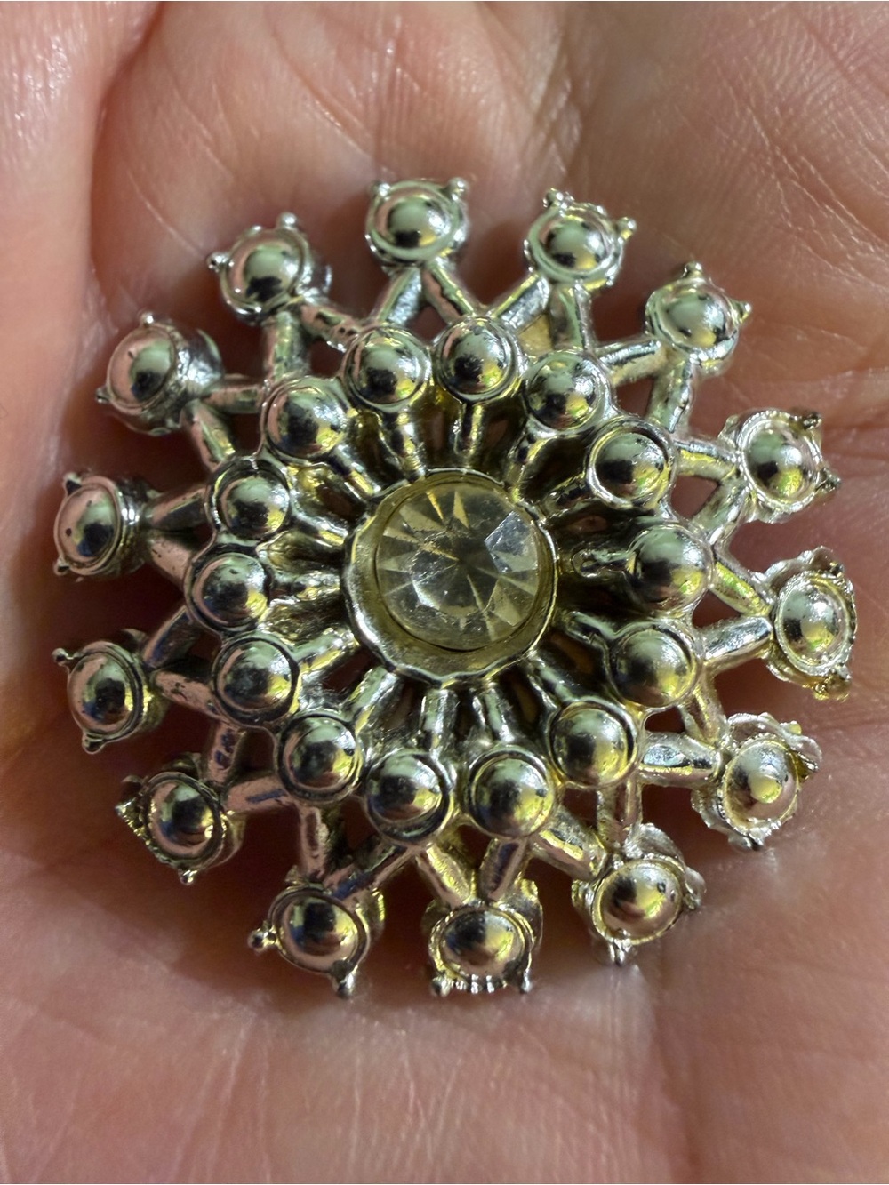 Vintage Silver Tone Starburst Snowflake Brooch Clear Rhinestone Mid Century